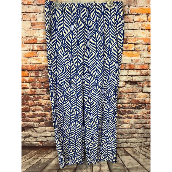 H&M blue white pants wide leg leaf pull on women's size medium - Picture 1 of 5